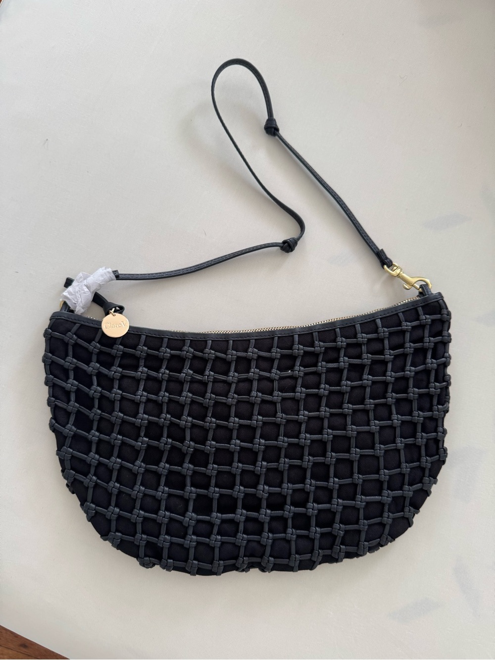 Clare V. Lune Black Net-Overlay Shoulder Bag